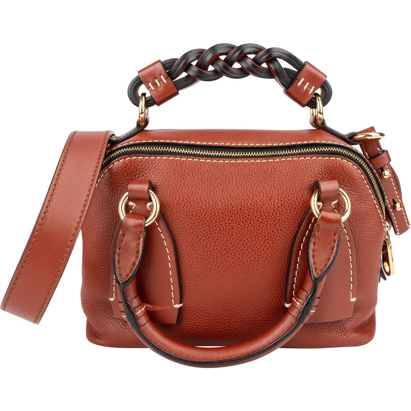 Chloé Brown Pebbled Calfskin Woven Handle Daria Small Crossbody Handbag