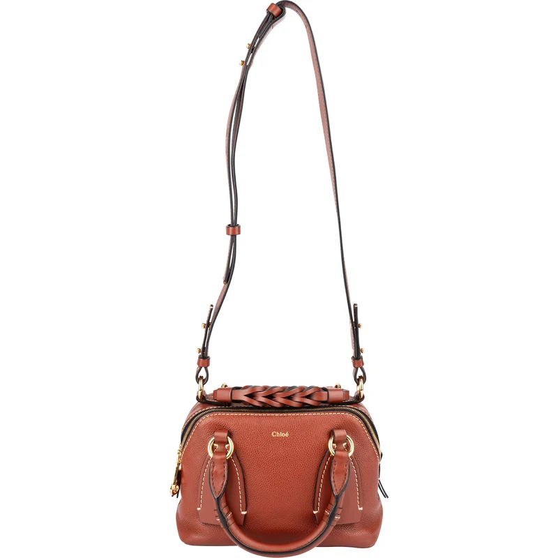 Chloé Brown Pebbled Calfskin Woven Handle Daria Small Crossbody Handbag