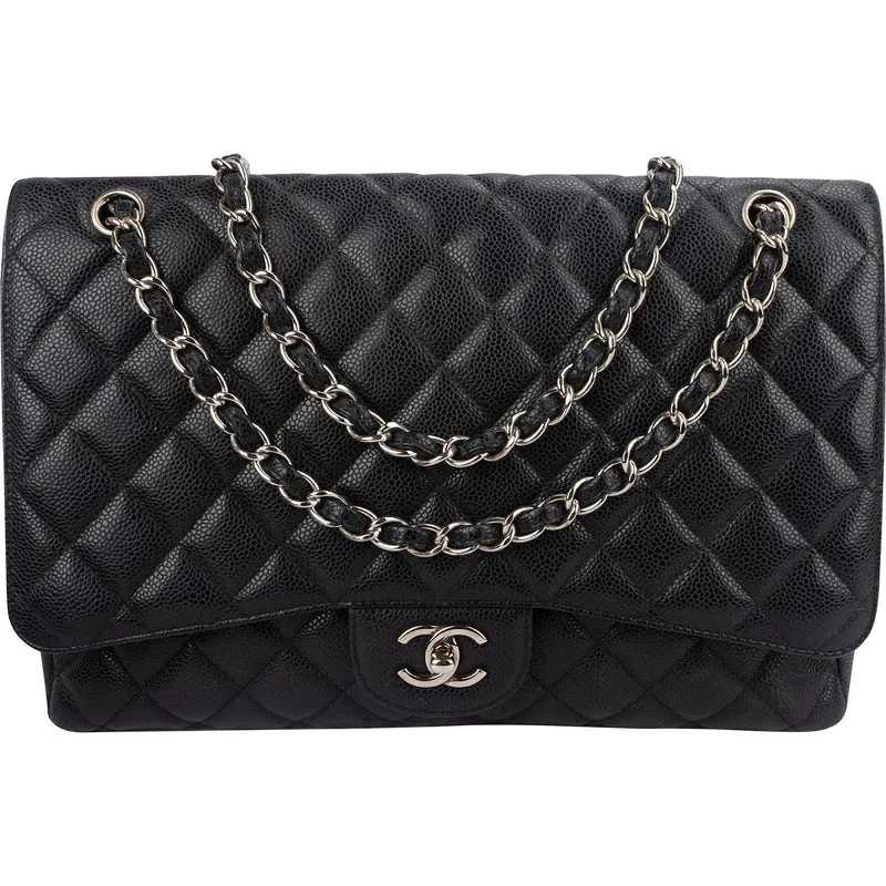 Chanel Quilted Caviar Leather Palladium Maxi Single Flap Crossbody Bag