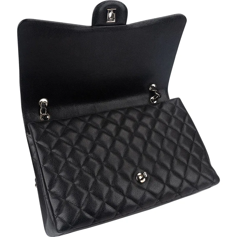 Chanel Quilted Caviar Leather Palladium Maxi Single Flap Crossbody Bag