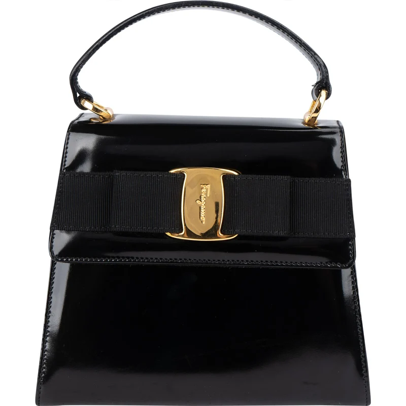 Salvatore Ferragamo Black Patent Calf Leather Vara Bow Top Handle Handbag