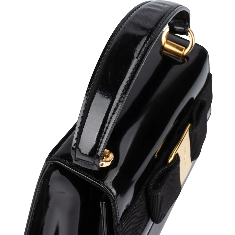 Salvatore Ferragamo Black Patent Calf Leather Vara Bow Top Handle Handbag