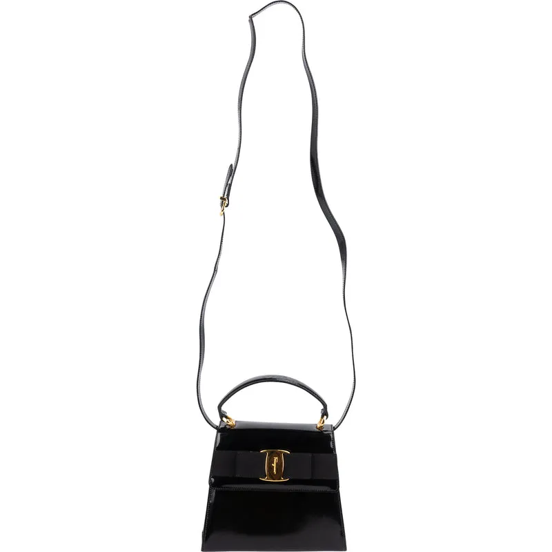 Salvatore Ferragamo Black Patent Calf Leather Vara Bow Top Handle Handbag
