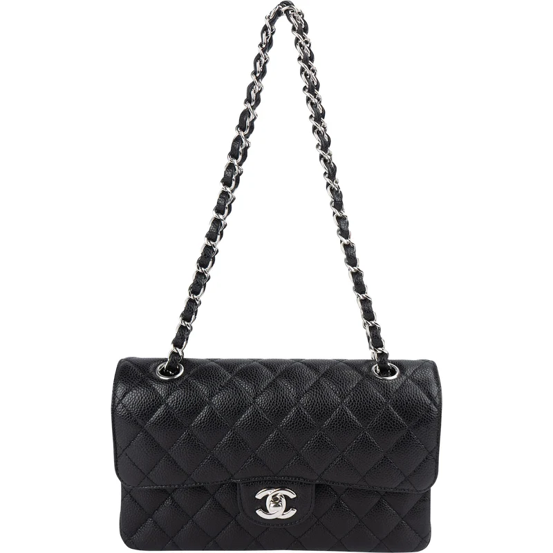 Chanel Quilted Caviar Leather Palladium Small Double Flap Shoulder Bag