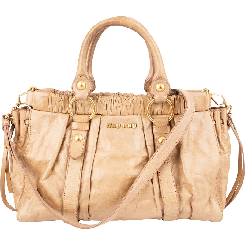 Miu Miu Vitello Lux Leather Gathered Drawstring Satchel Handbag