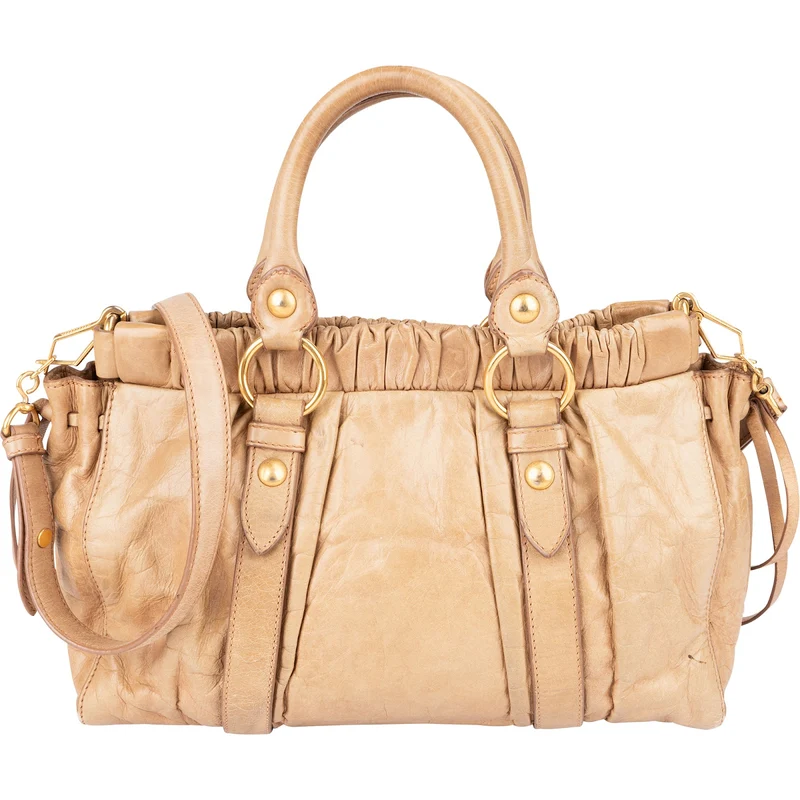 Miu Miu Vitello Lux Leather Gathered Drawstring Satchel Handbag