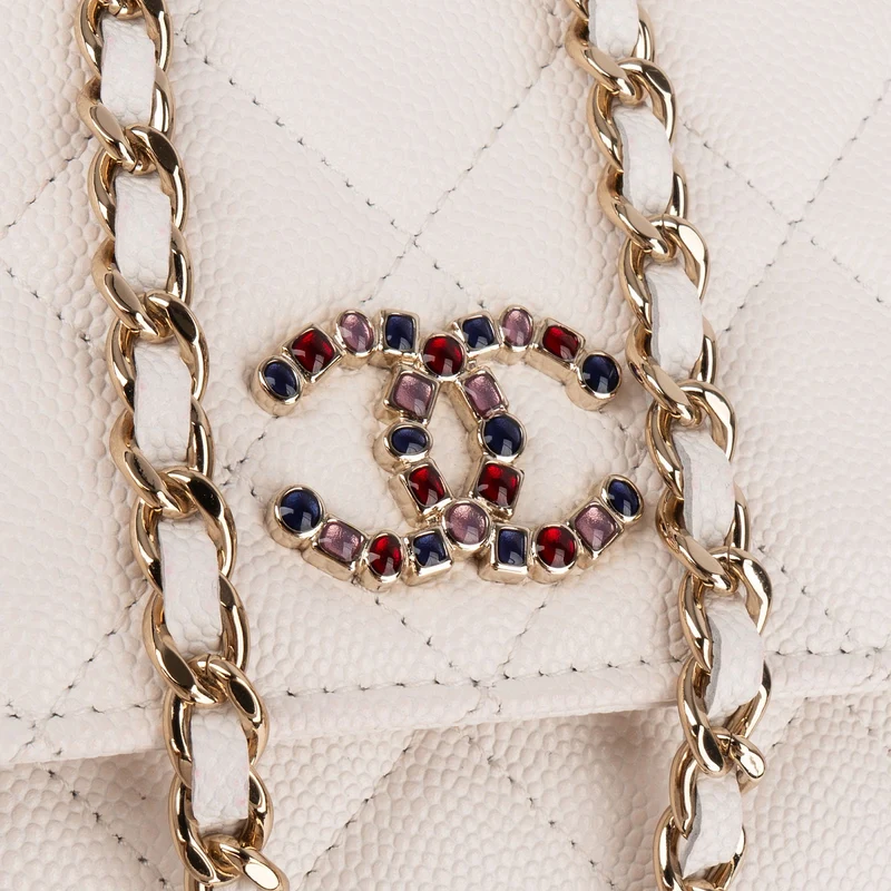 Chanel Wuilted Caviar Leather Jeweled CC Wallet On Chain Crossbody Bag