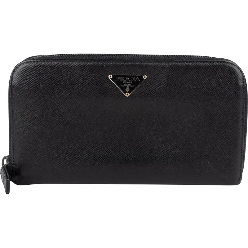 Prada Black Saffiano Leather Triangle Zip Around Wallet