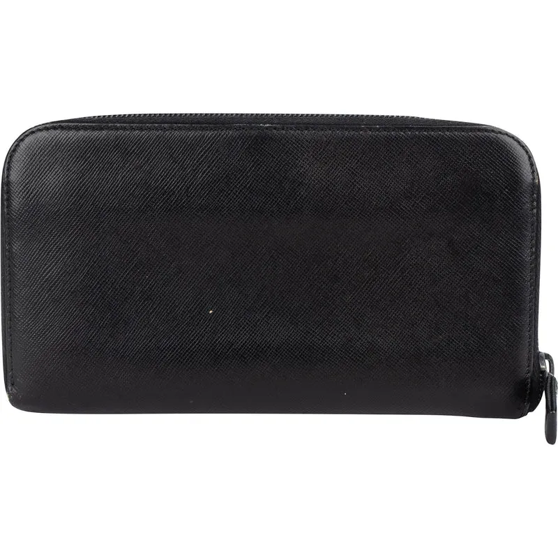 Prada Black Saffiano Leather Triangle Zip Around Wallet