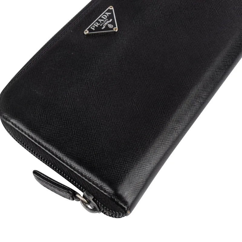 Prada Black Saffiano Leather Triangle Zip Around Wallet