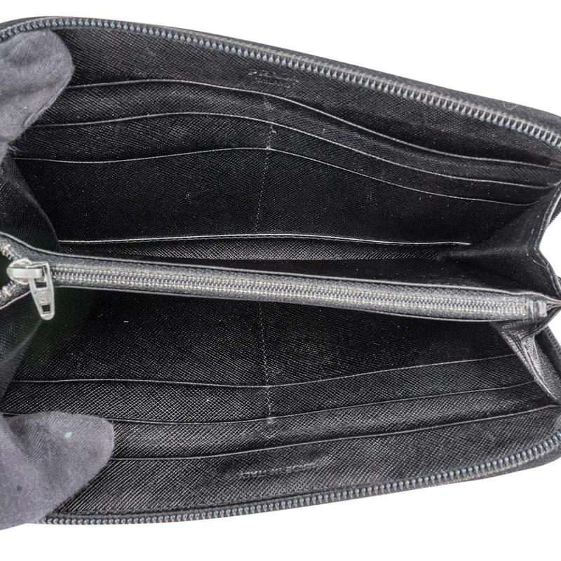Prada Black Saffiano Leather Triangle Zip Around Wallet