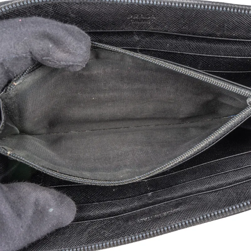 Prada Black Saffiano Leather Triangle Zip Around Wallet