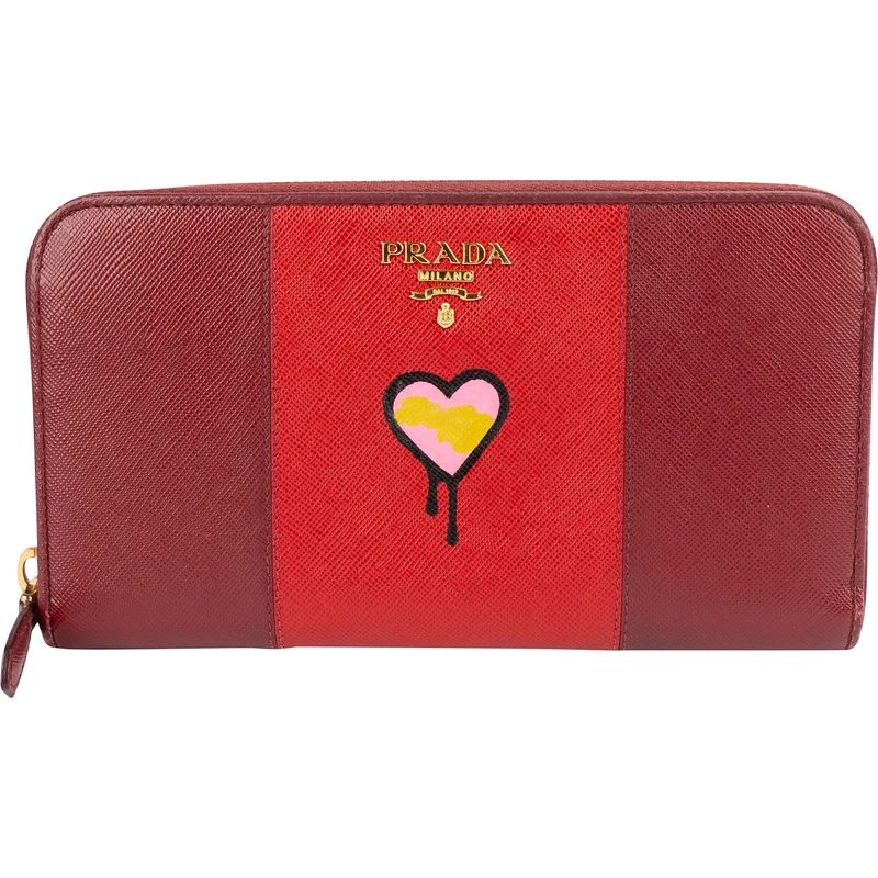 Prada Saffiano Leather Heart Print Zip Around Wallet