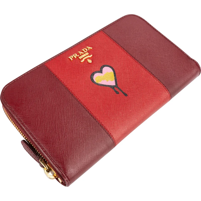Prada Saffiano Leather Heart Print Zip Around Wallet