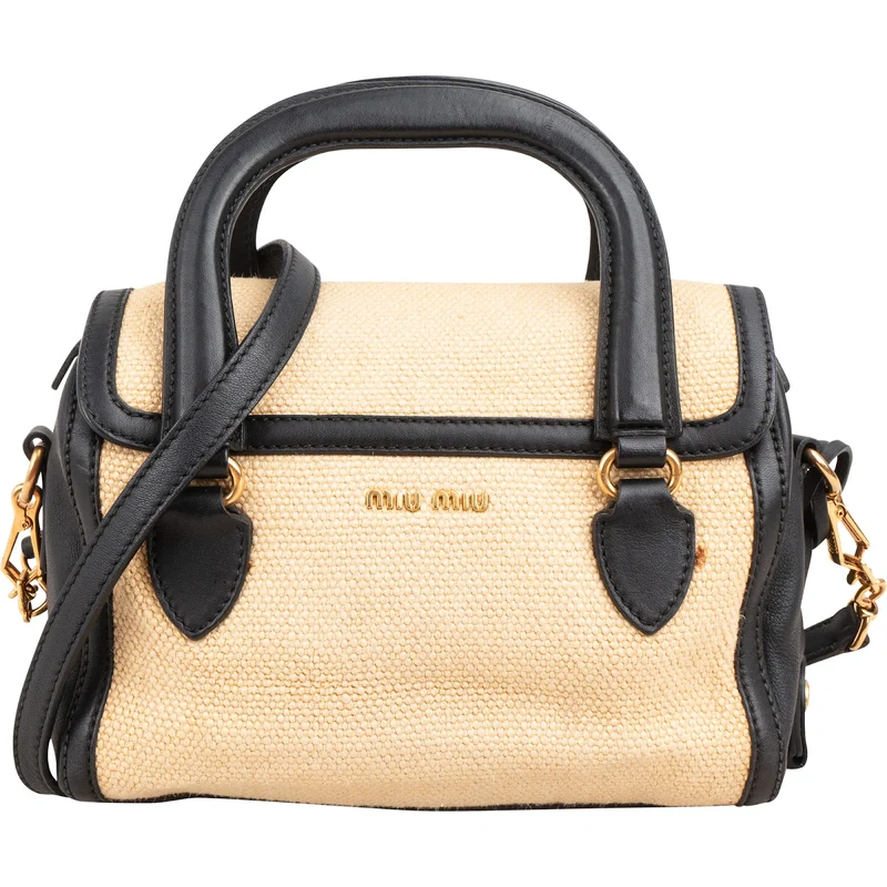 Miu Miu Multicolor Cotton Black Leather Top Handle Small Coffer Handbag