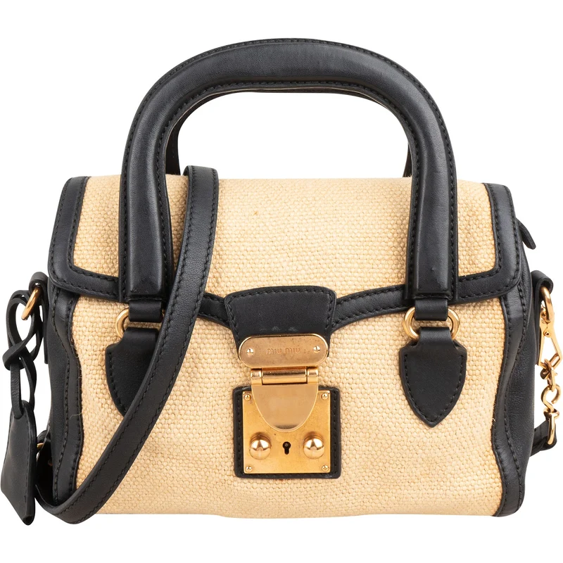 Miu Miu Multicolor Cotton Black Leather Top Handle Small Coffer Handbag