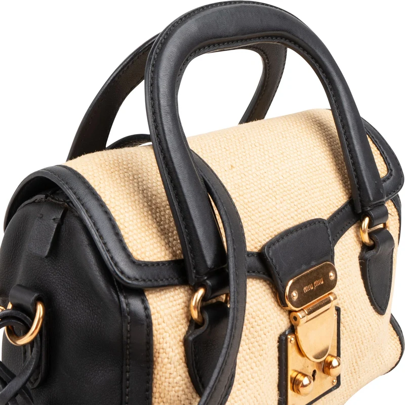 Miu Miu Multicolor Cotton Black Leather Top Handle Small Coffer Handbag
