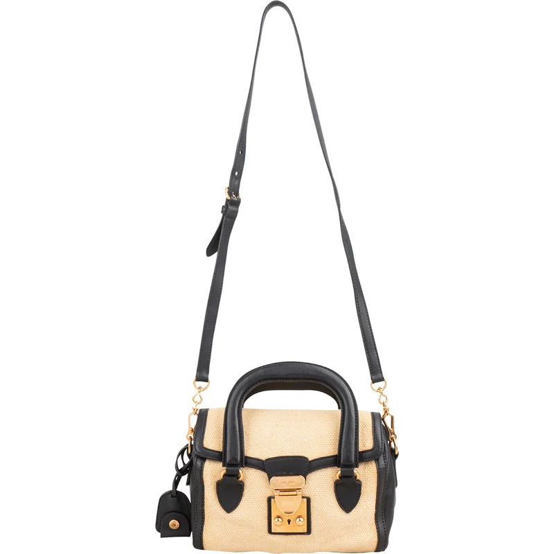 Miu Miu Multicolor Cotton Black Leather Top Handle Small Coffer Handbag