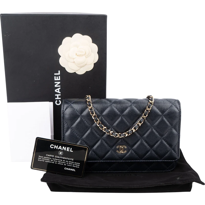 Chanel Dark Blue Quilted Caviar Leather Wallet On Chain Crossbody Bag