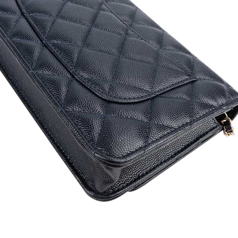 Chanel Dark Blue Quilted Caviar Leather Wallet On Chain Crossbody Bag