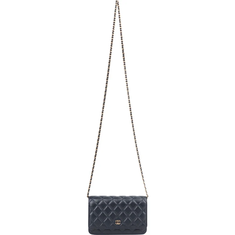 Chanel Dark Blue Quilted Caviar Leather Wallet On Chain Crossbody Bag
