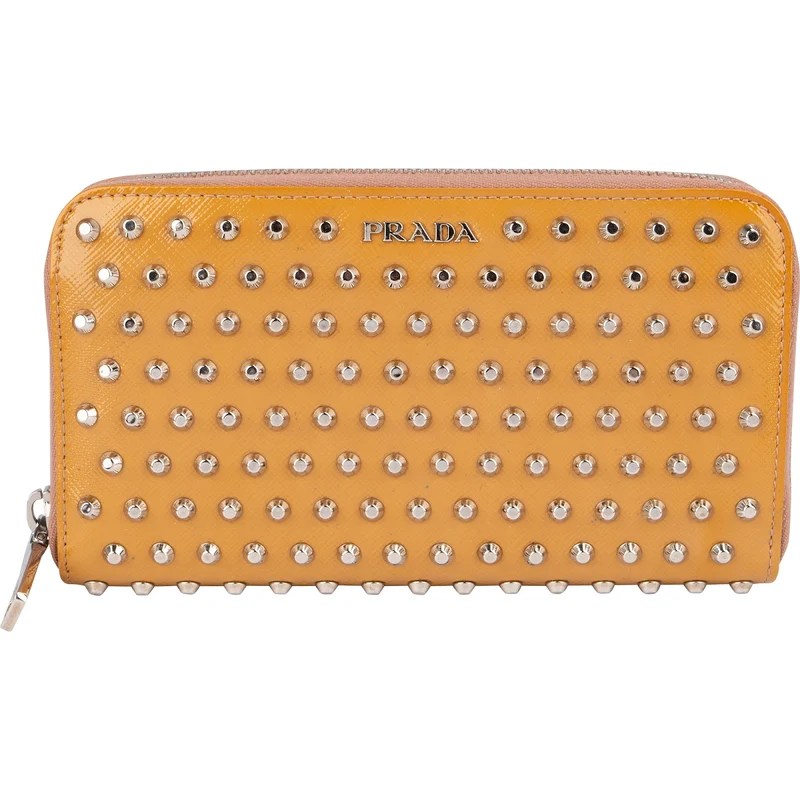 Prada Saffiano Patent Leather Studded Zip Around Wallet