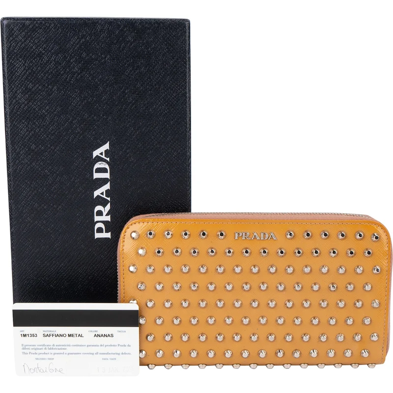 Prada Saffiano Patent Leather Studded Zip Around Wallet
