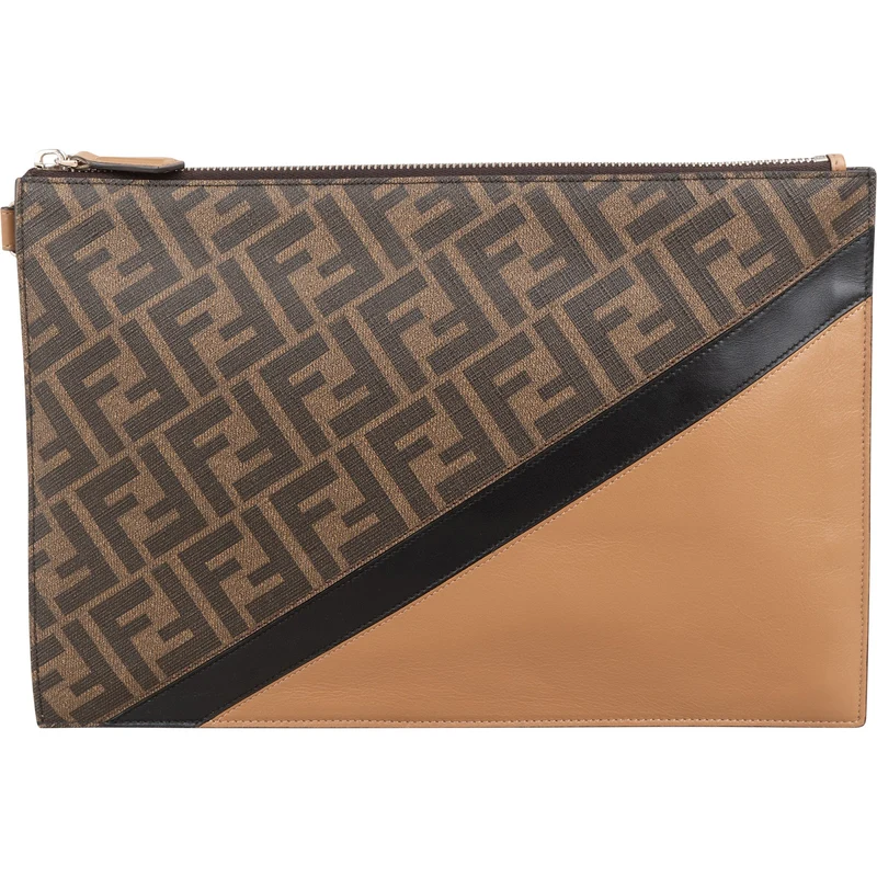 Fendi Monogram FF Canvas & Bicolor Calfskin Flat Pouch Clutch