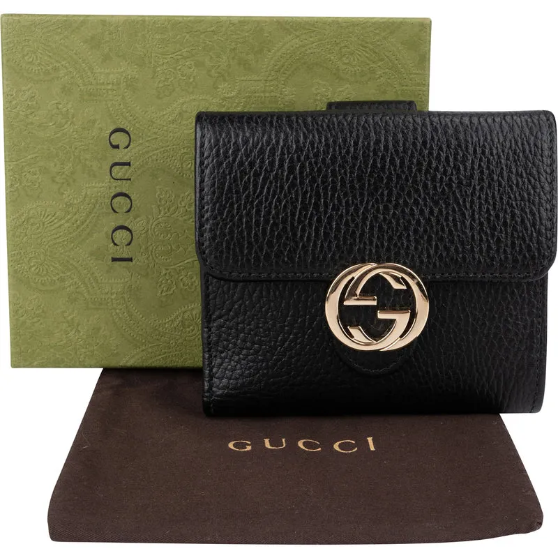 Gucci Grained Leather Interlocking GG Compact Wallet