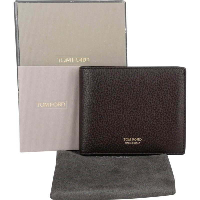 Tom Ford Brown Grained Calfskin Bifold Card Holder Wallet