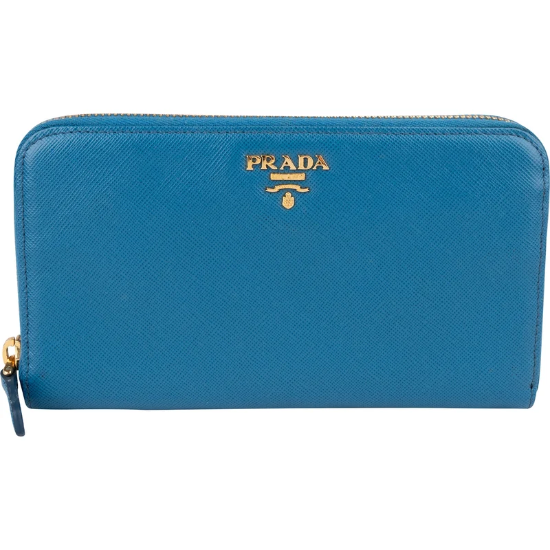 Prada Blue Saffiano Leather Zip Around Wallet