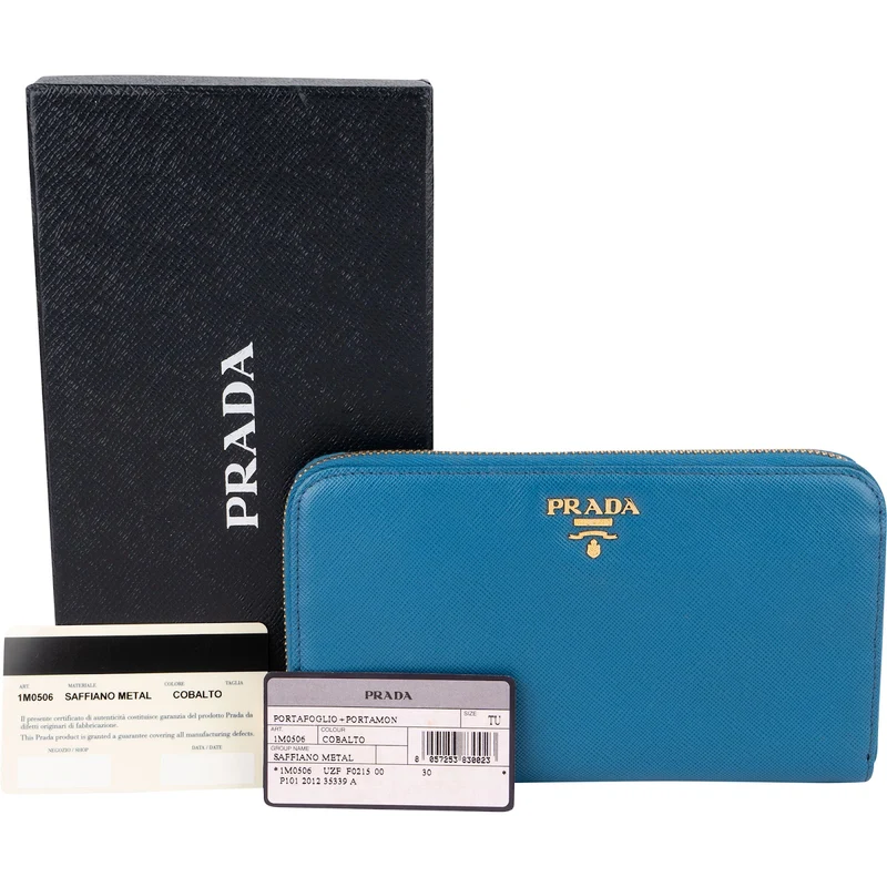 Prada Blue Saffiano Leather Zip Around Wallet