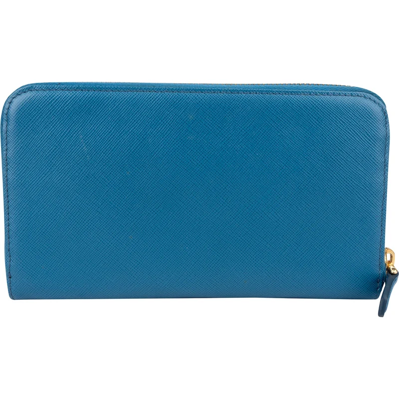 Prada Blue Saffiano Leather Zip Around Wallet