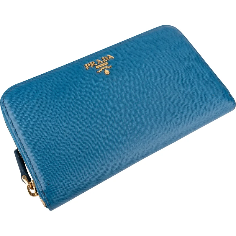 Prada Blue Saffiano Leather Zip Around Wallet