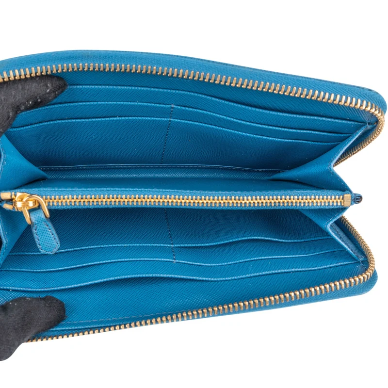 Prada Blue Saffiano Leather Zip Around Wallet
