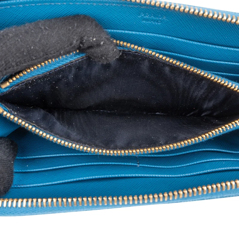 Prada Blue Saffiano Leather Zip Around Wallet