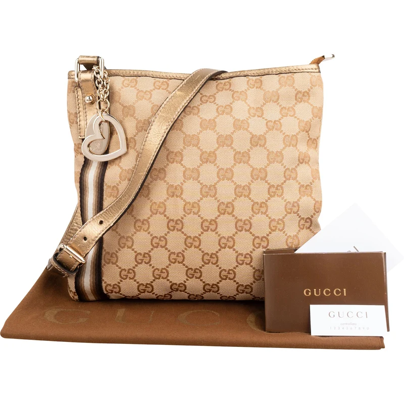 Gucci Monogram GG Canvas Lovely Heart Stripe Metallic Leather Crossbody Bag