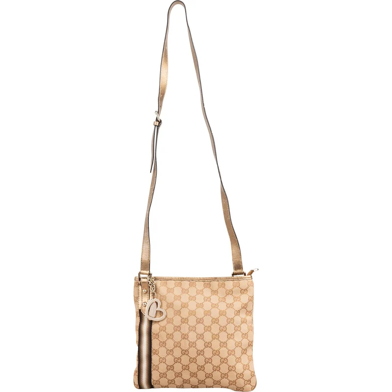 Gucci Monogram GG Canvas Lovely Heart Stripe Metallic Leather Crossbody Bag