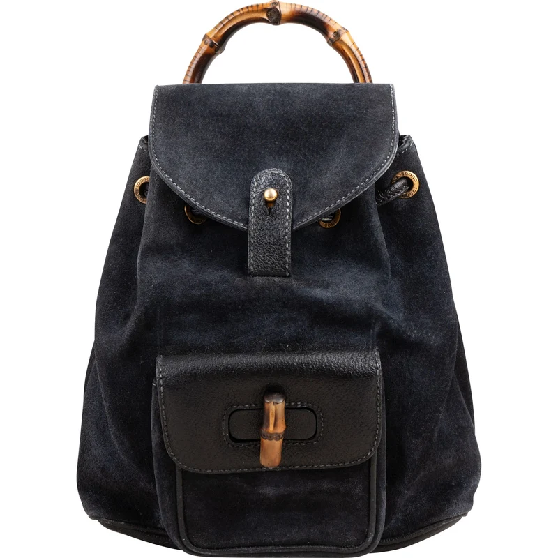 Gucci Suede Grained Leather Small Bamboo Drawstring Backpack
