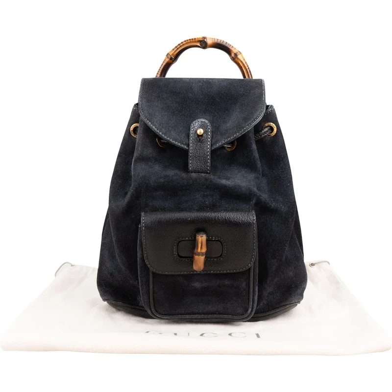 Gucci Suede Grained Leather Small Bamboo Drawstring Backpack