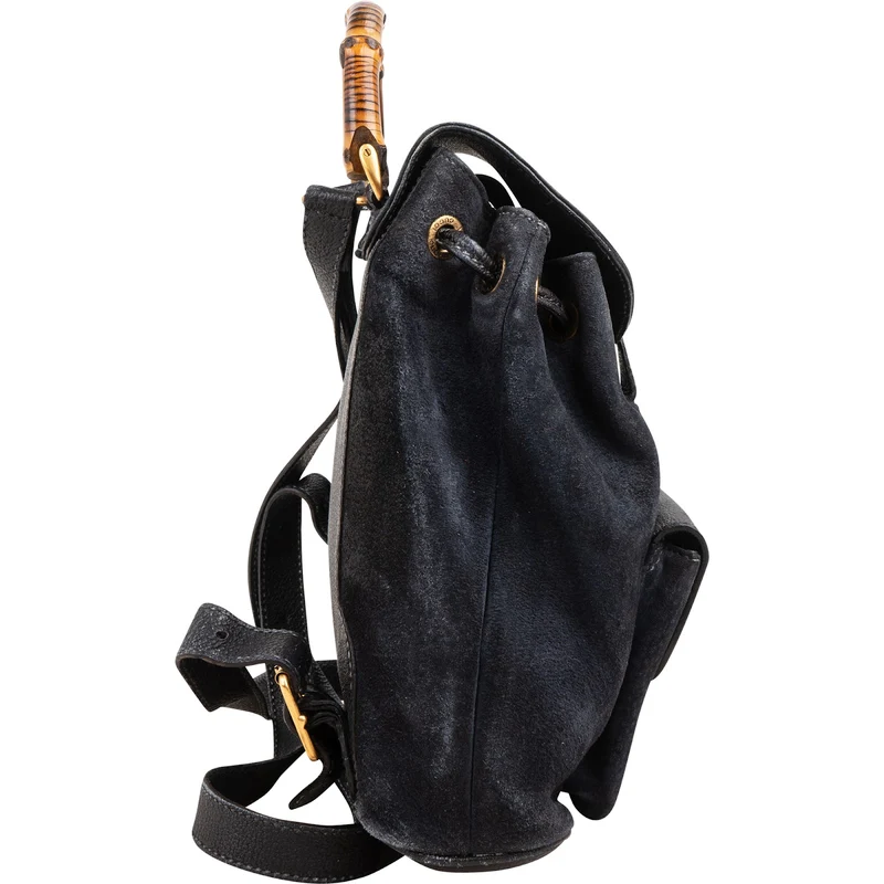 Gucci Suede Grained Leather Small Bamboo Drawstring Backpack