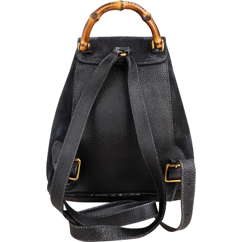 Gucci Suede Grained Leather Small Bamboo Drawstring Backpack