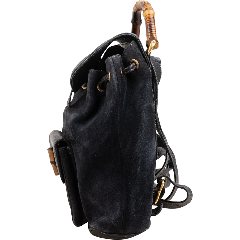 Gucci Suede Grained Leather Small Bamboo Drawstring Backpack