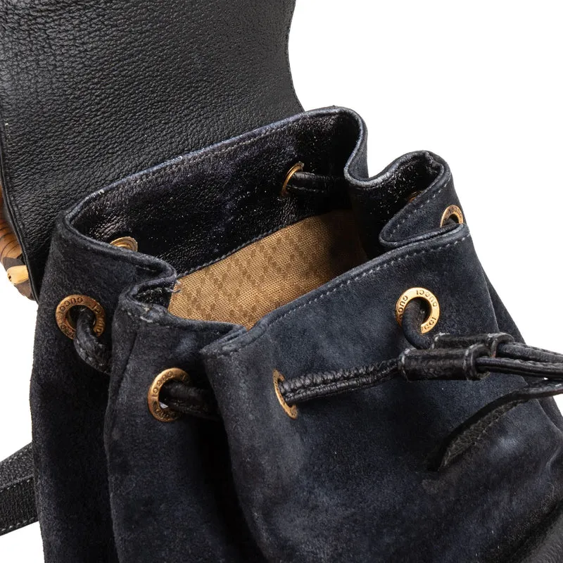 Gucci Suede Grained Leather Small Bamboo Drawstring Backpack