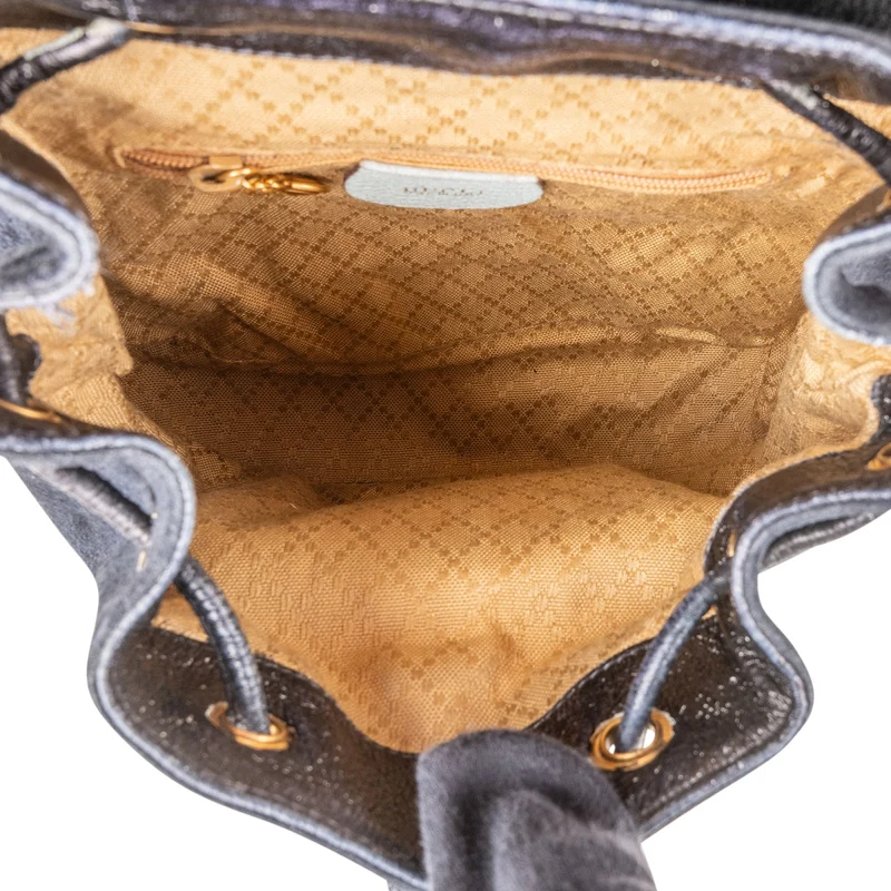Gucci Suede Grained Leather Small Bamboo Drawstring Backpack