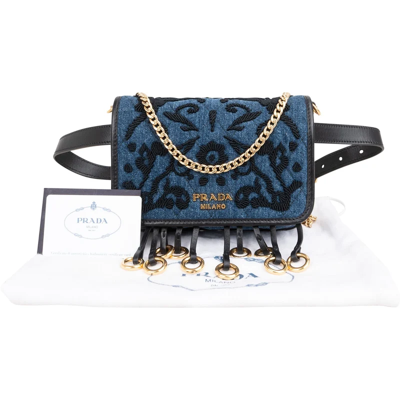 Prada Multicolor Embroidered Denim Cahier Belt Crossbody Bag