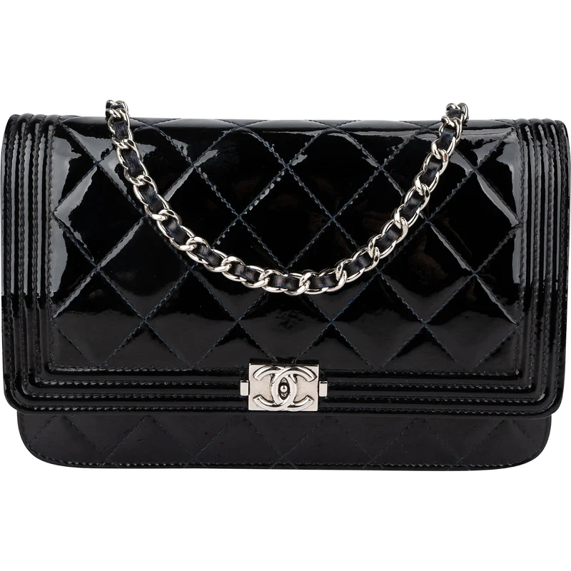 Chanel Patent Leather Quilted Boy Wallet On Chain Crossbody Bag