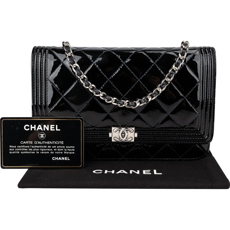 Chanel Patent Leather Quilted Boy Wallet On Chain Crossbody Bag