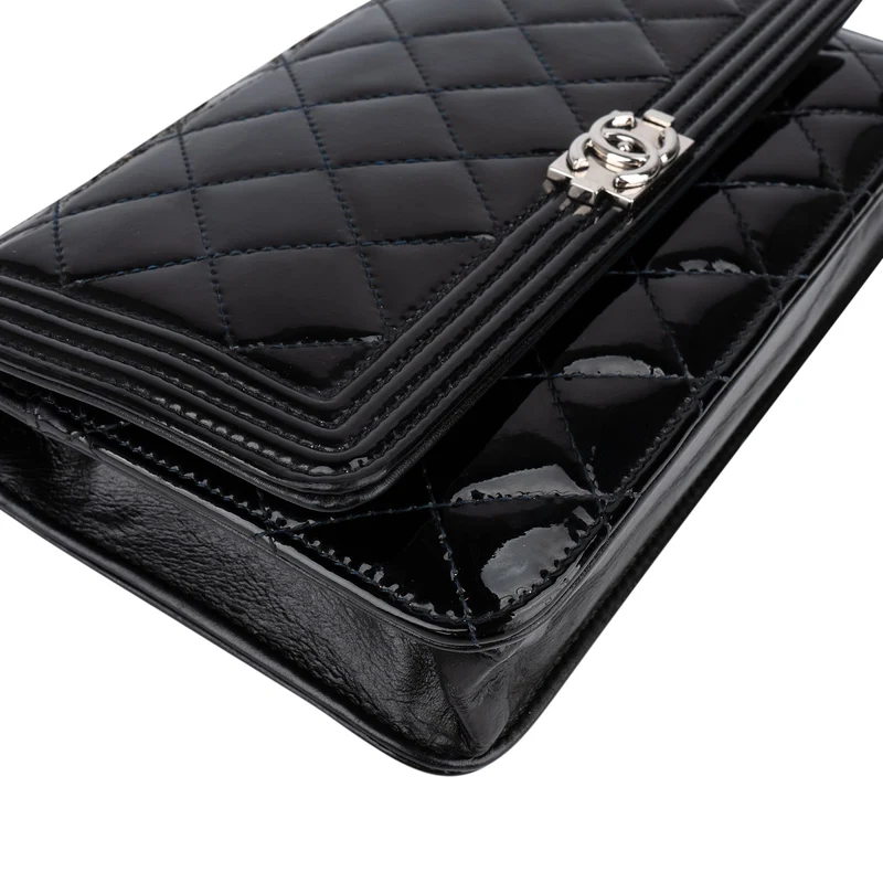 Chanel Patent Leather Quilted Boy Wallet On Chain Crossbody Bag