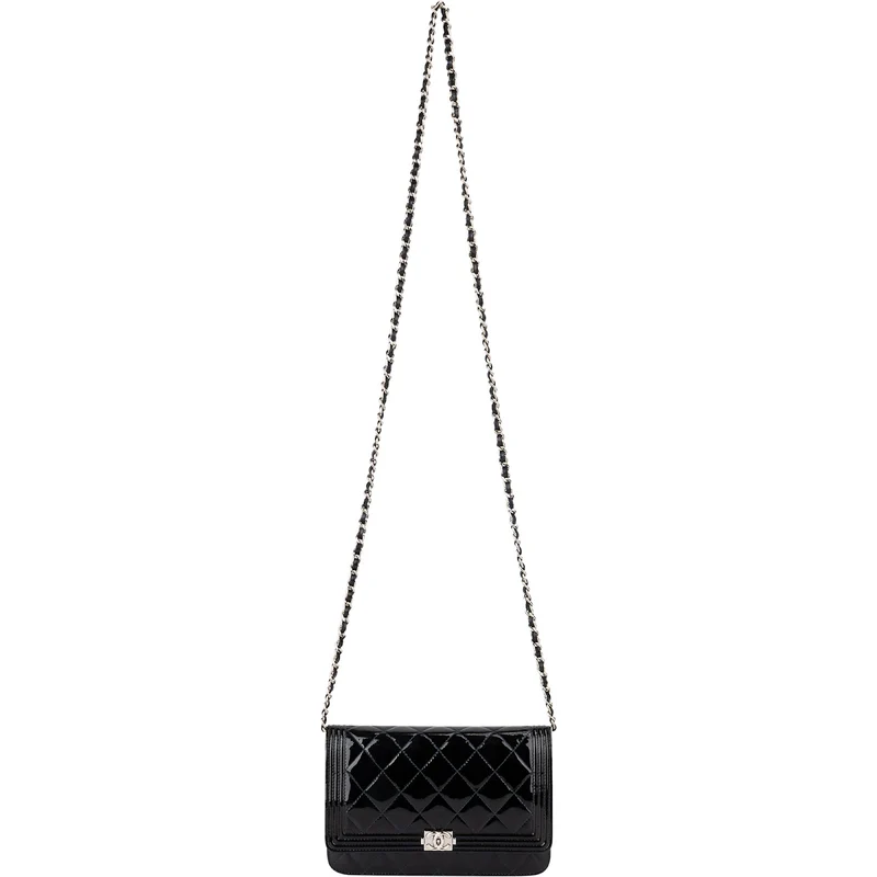 Chanel Patent Leather Quilted Boy Wallet On Chain Crossbody Bag